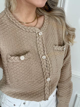 Clara Knitted Cardigan with Gold Button Biscuit