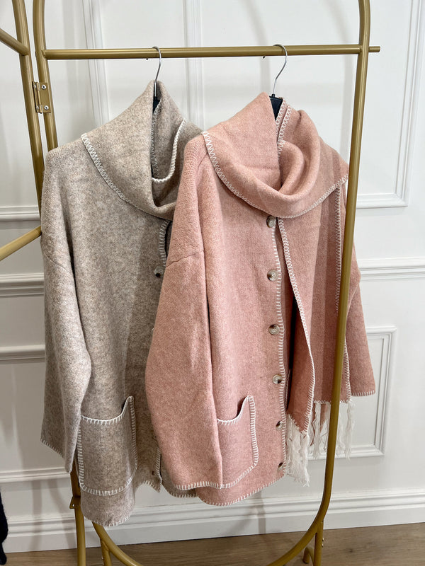 Connie Knitted Jacket with Scarf Pink
