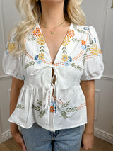 Emma Embroidered Tie Front Blouse