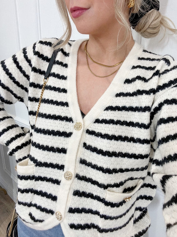 Polly Striped Knitted Cardigan Black