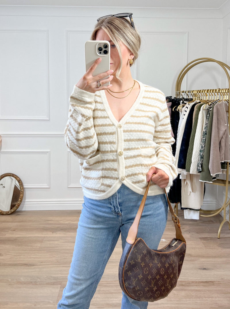 Polly Striped Knitted Cardigan Beige