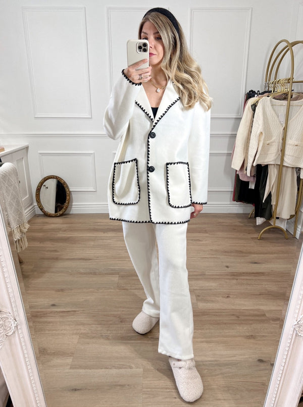 Dahlia Contrast Stitch Jacket and Trousers Set White